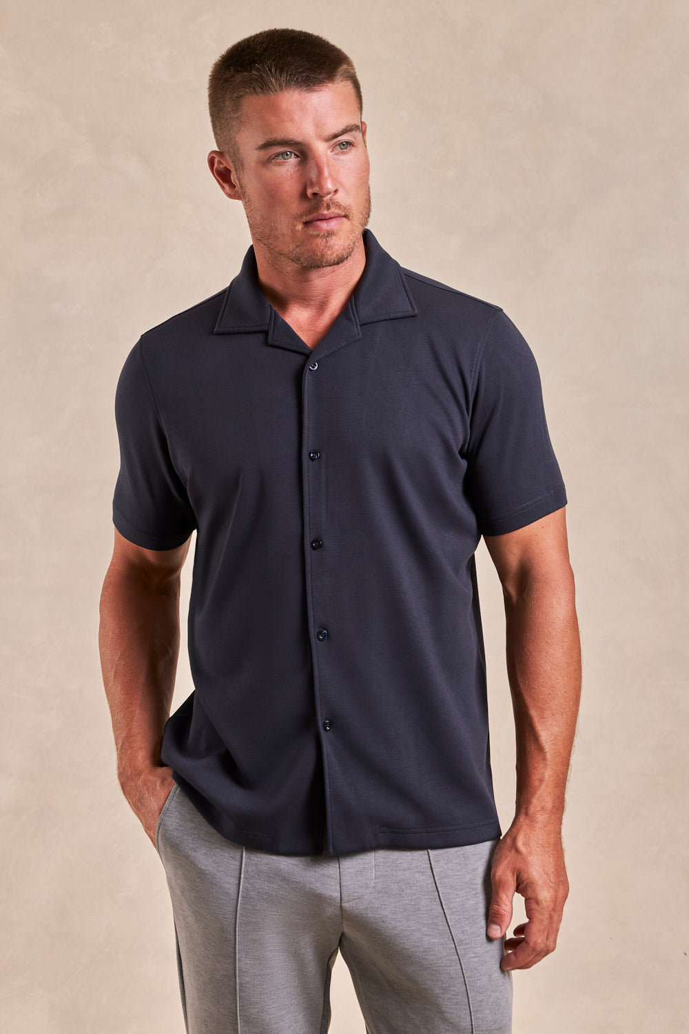 The Brody - Double Knit SS Cabana Shirt - Naval Blue